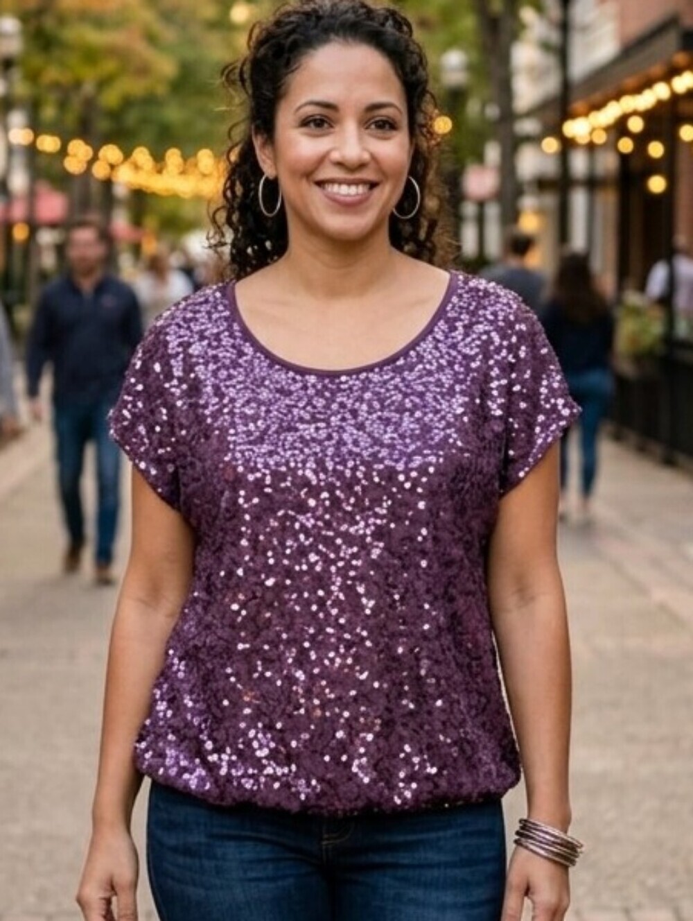 Kismet Purple Sequined Bubble-Hem Top -XL